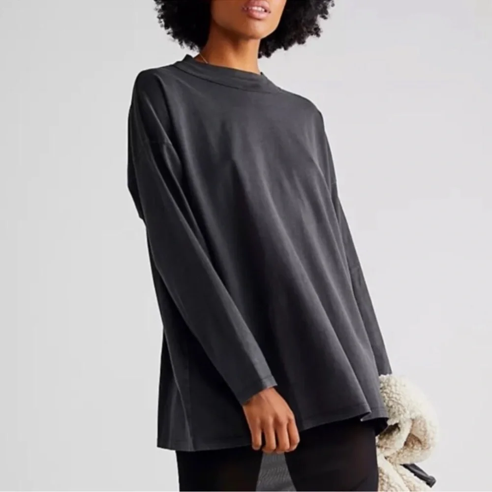 Free People Long Sleeve Cotton Relaxed Fit Top in Washed Black - Picture 1 of 11